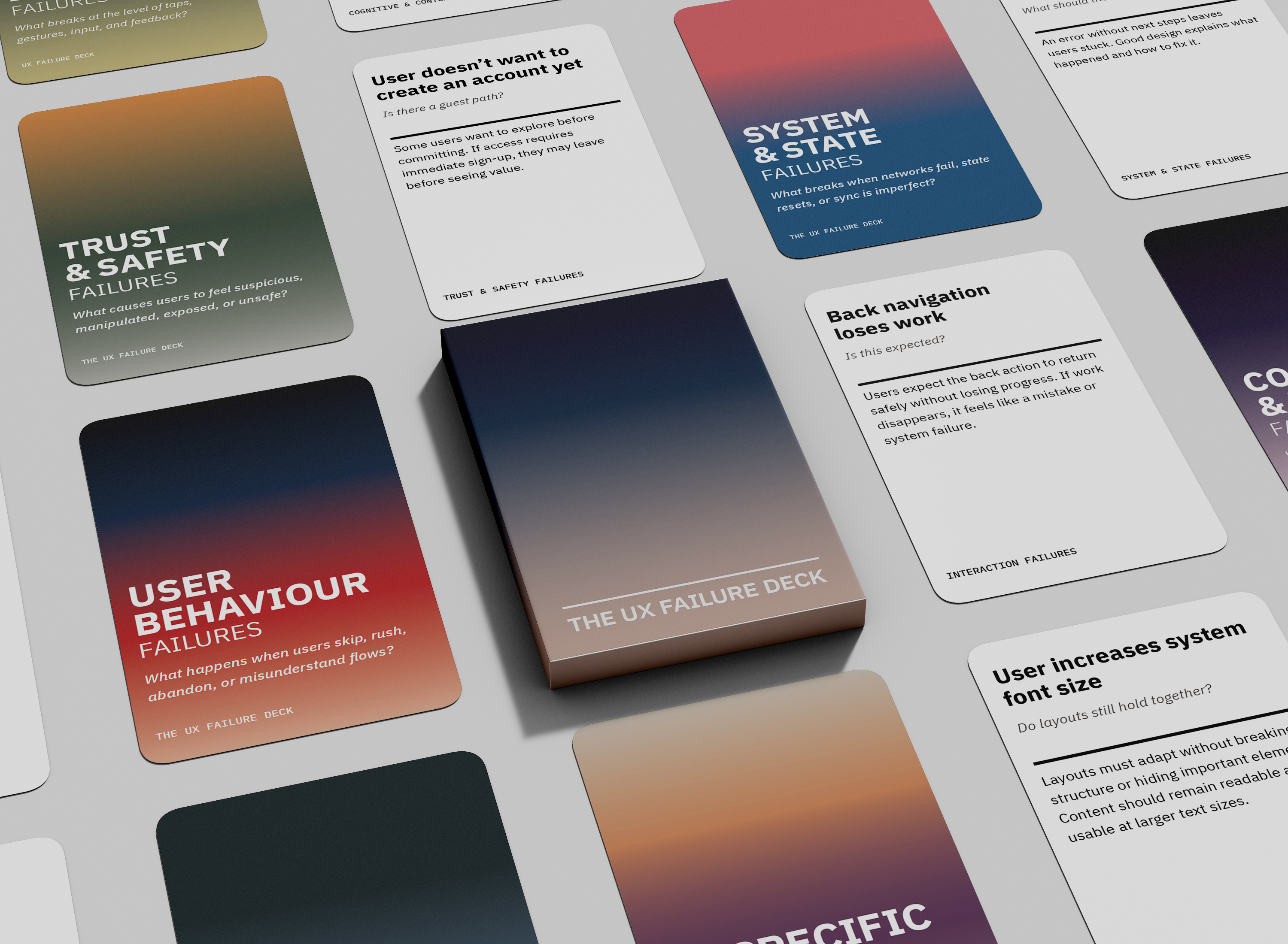 The UX Failure Deck — fan of gradient cards spread out