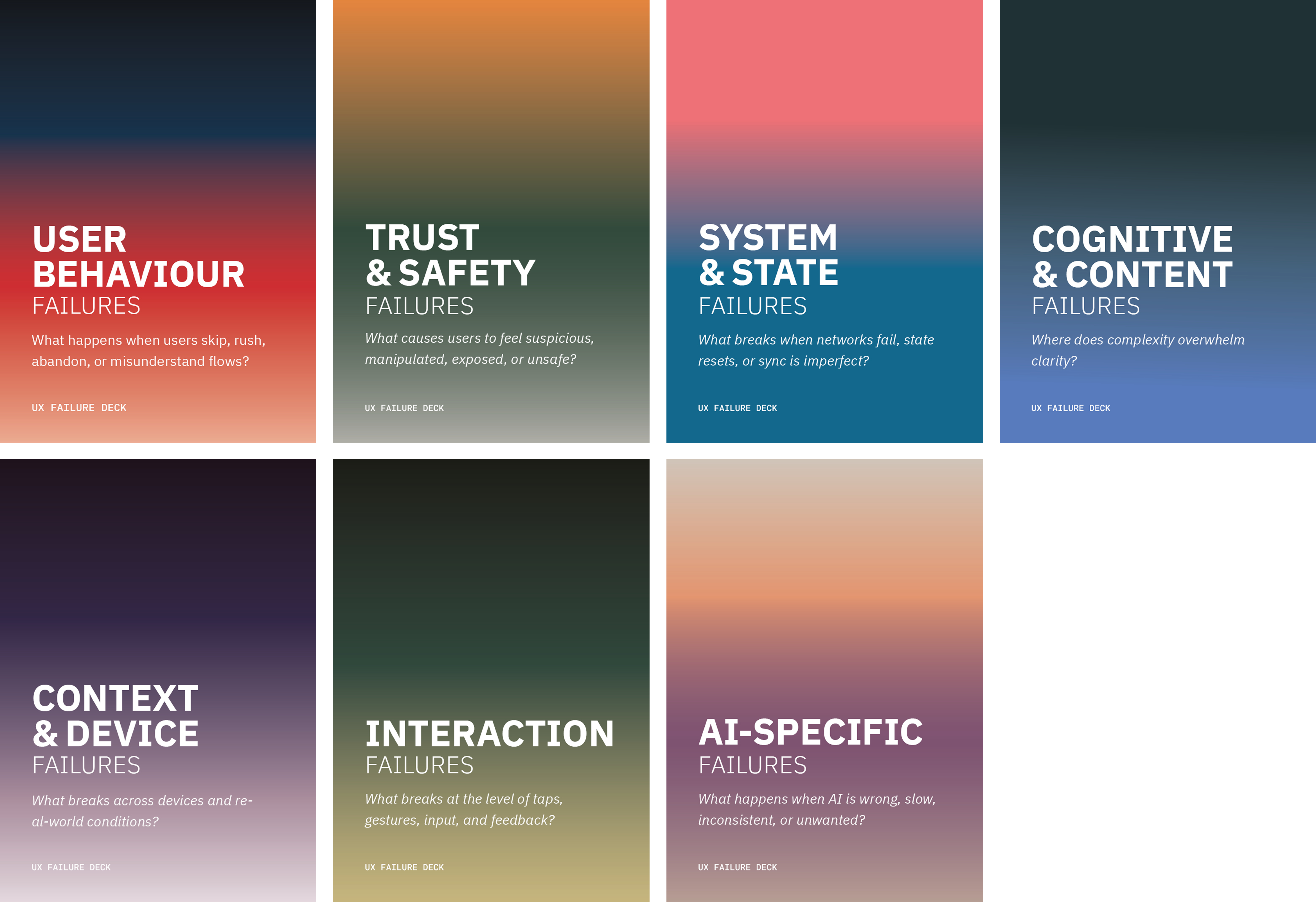 All 7 UX Failure Deck category cards in a grid